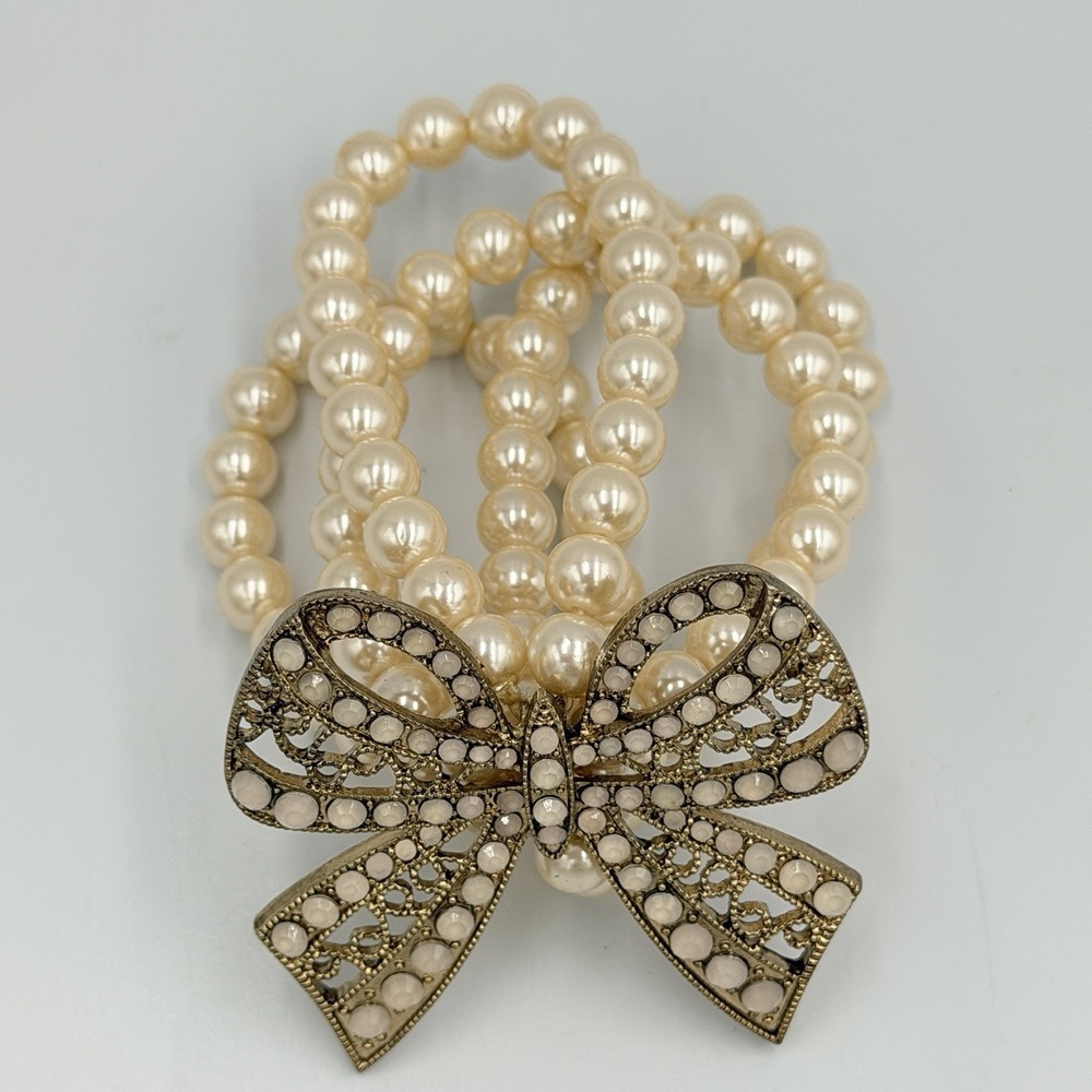 Vintage Faux Pearl 4 Strand Stretch Bracelet Gold Filigree Bow Coquette Romantic
